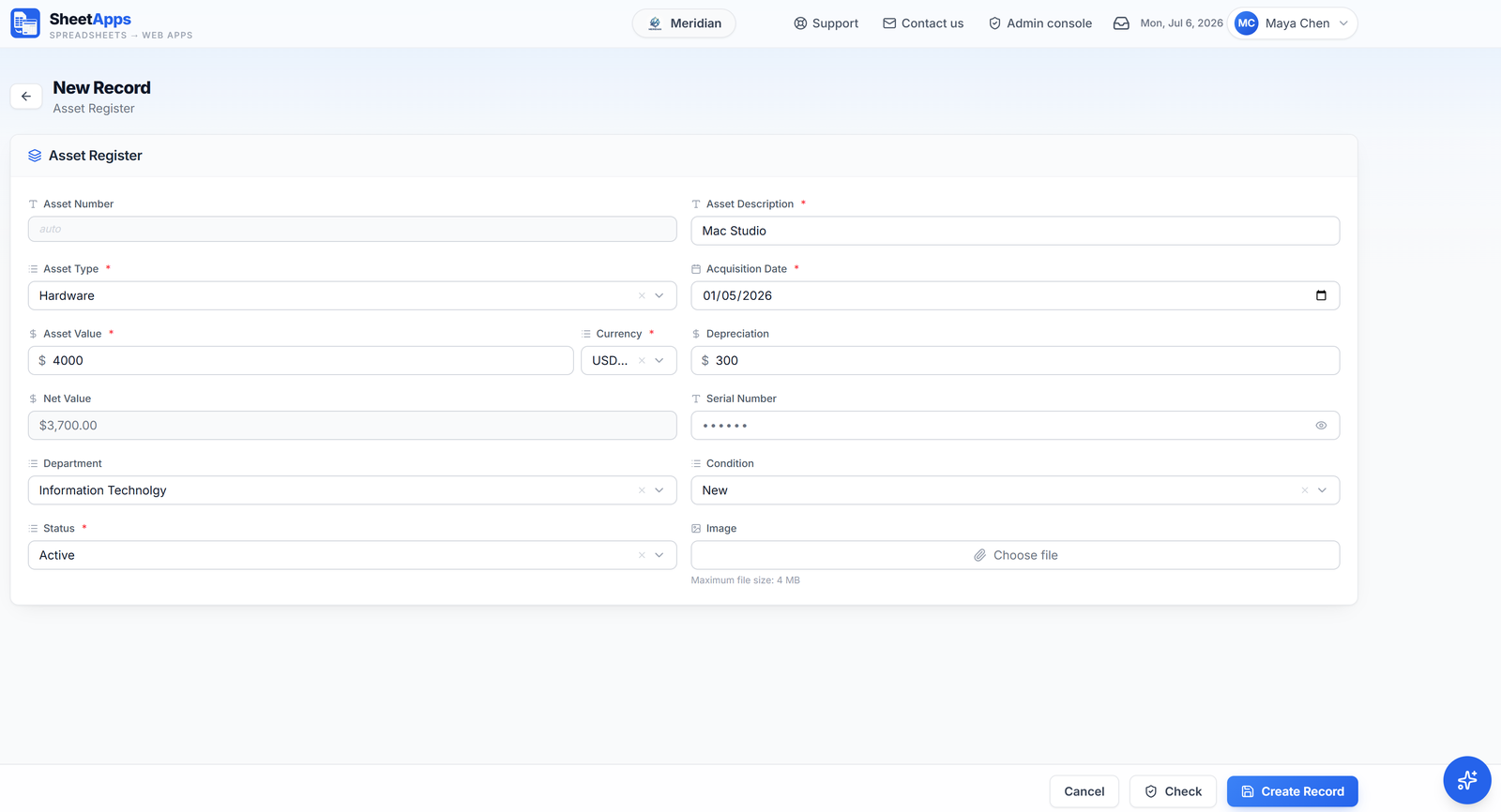 You can add records in a validated Asset Register form with dropdowns, required fields and live calculations.